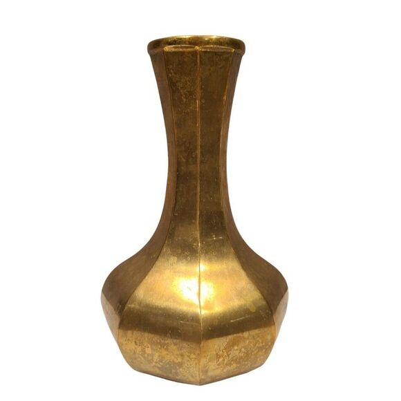 Solid Brass Vintage 8.25"x 4.5" Octagon Shape Bud Vase Boho Style Patina EUC - Picture 2 of 10